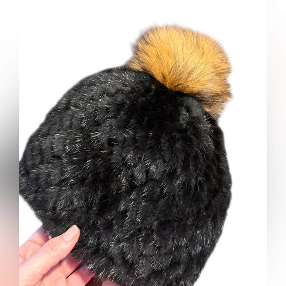 Genuine Black Mink Beanie with Brown Fur Pom Pom One size Winter Real Fur Hat